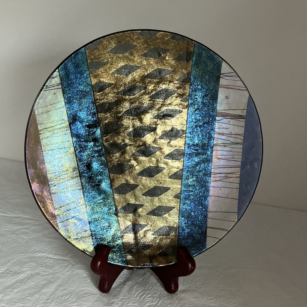 Kurt McVay Studio Dichroic Iridescent Fused Modernist Art Glass Plate 9" Signed